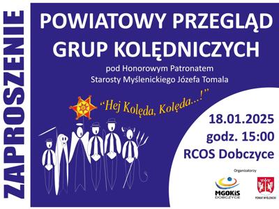 Biało-granatowa grafika z rysunkowymi postaciami kolędników. W prawym dolnym rogu znajdują się logotypy organizatorów.