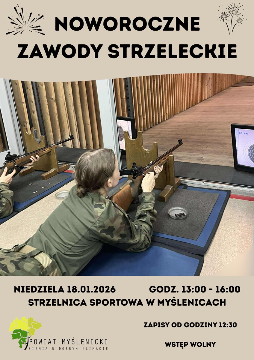 Na plakacie widoczne jest zdjęcie nastolatki podczas zawodów strzeleckich. W lewym dolnym rogu znajduje się logo Powiatu Myślenickiego