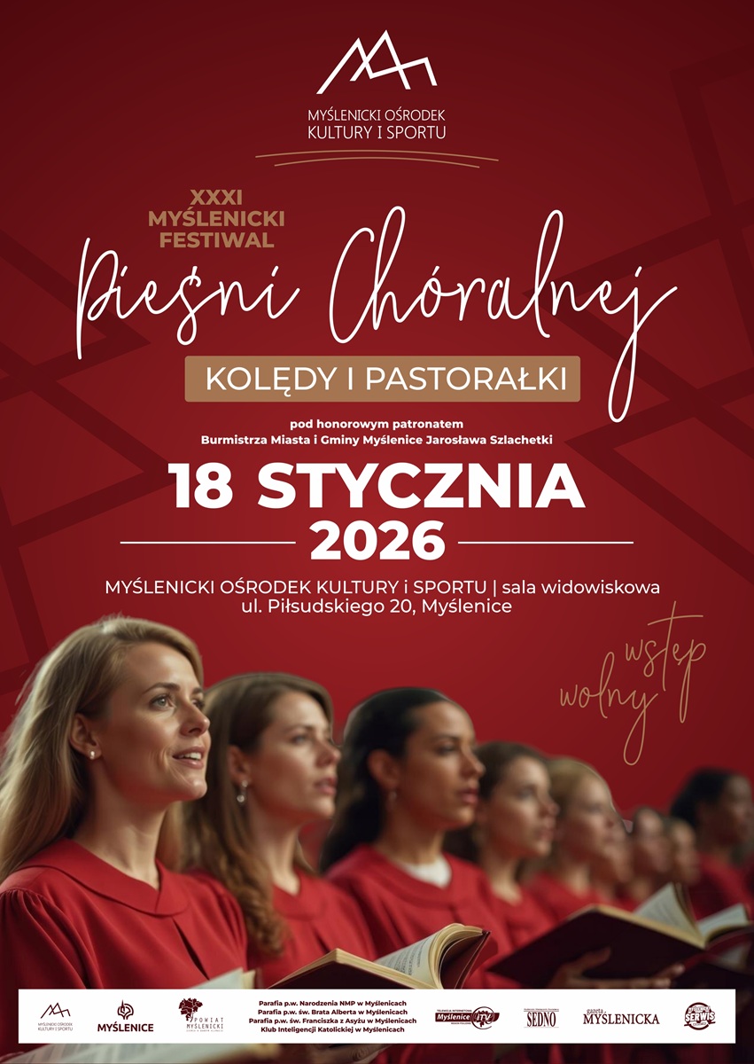 Plakat na bordowym tle, z fotografią śpiewających kobiet oraz logotypami organizatorów i partnerów wydarzenia.