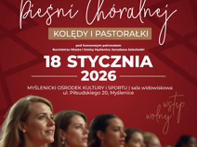 Plakat na bordowym tle, z fotografią śpiewających kobiet oraz logotypami organizatorów i partnerów wydarzenia.