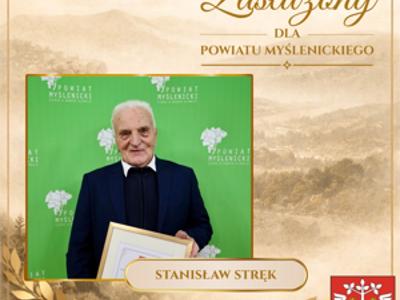 Grafika z wizerunkiem laureata odznaczenia „Zasłużony dla Powiatu Myślenickiego”.