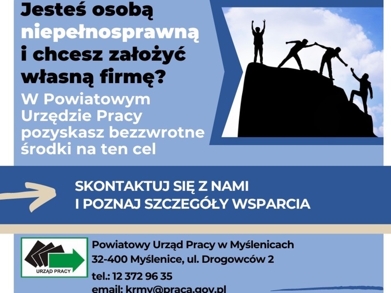 Czarny zarys góry i sylwetki 4 osób, na tle chmur, które pomagają sobie nawzajem wspiąć się na szczyt. Poniżej informacja na temat wsparcia.