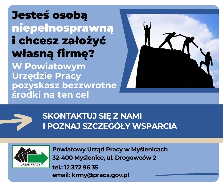 Czarny zarys góry i sylwetki 4 osób, na tle chmur, które pomagają sobie nawzajem wspiąć się na szczyt. Poniżej informacja na temat wsparcia.