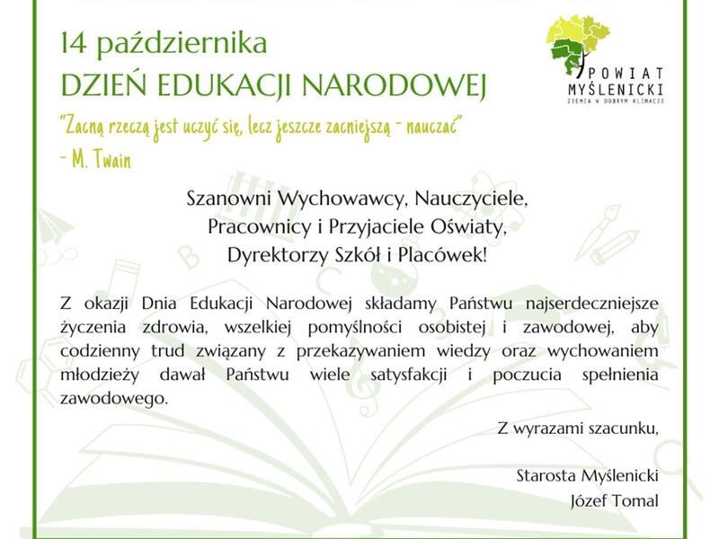 Najserdeczniejsze życzenia od Zarządu Powiatu Myślenickiego dla wszystkich Nauczycieli i Pracowników Oświaty!