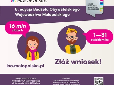 Plakat ósmej edycji Budżetu Obywatelskiego. Widoczne są postacie: kobieta i mężczyzna, oraz informacje o kwocie i terminie składania wniosków.
