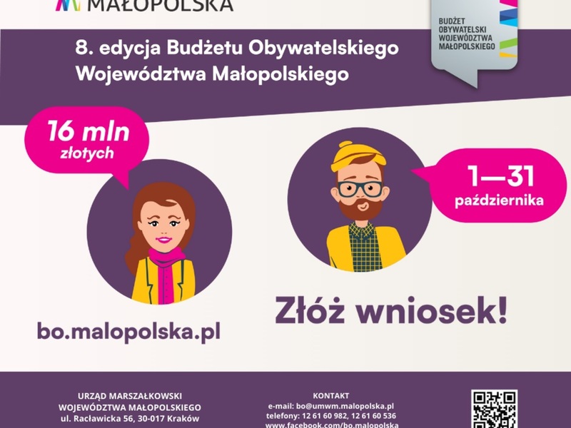 Plakat ósmej edycji Budżetu Obywatelskiego. Widoczne są postacie: kobieta i mężczyzna, oraz informacje o kwocie i terminie składania wniosków.
