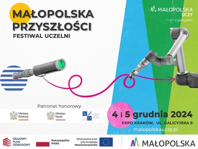 Plakat festiwalu „Małopolska Przyszłości” odbywającego się 4-5 grudnia 2024 roku w Krakowie. Widoczne są logotypy oraz data i miejsce wydarzenia.