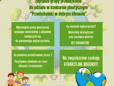 Plakat na jasnym tle z kulą ziemską, sercem, drzewami, dziećmi, logotypem EKO Life Małopolska i założeniami konkursu plastycznego