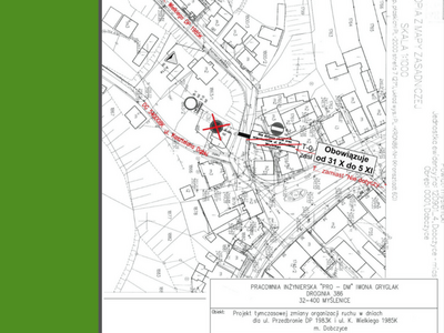 Mapa przedstawiająca organizację ruchu przy cmentarzu komunalnym w Dobczycach - ulice: Przedbronie, Królowej Jadwigi i Kazimierza Wielkiego