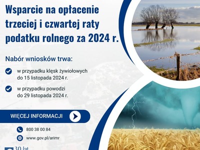 Szaro-granatowy plakat ze zdjęciami klęsk żywiołowych, informujący o wsparciu ARiMR na trzecią i czwartą ratę podatku rolnego za 2024 r.