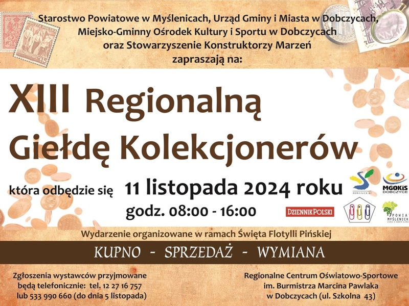 Brązowo-beżowy plakat informujący o XIII Regionalnej Giełdzie Kolekcjonerów z datą, miejscem i partnerami wydarzenia.