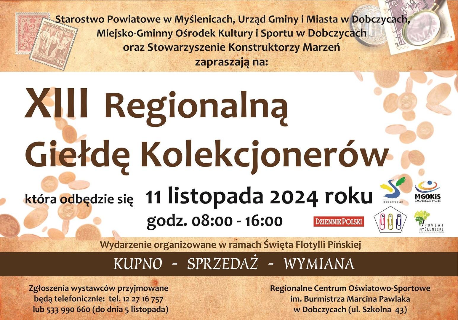 Brązowo-beżowy plakat informujący o XIII Regionalnej Giełdzie Kolekcjonerów z datą, miejscem i partnerami wydarzenia.