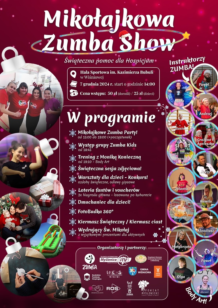 Plakat promujący wydarzenie Mikołajkowa Zumba Show, przedstawiający plan wydarzenia, instruktorów oraz logotypy organizatorów i partnerów wydarzenia