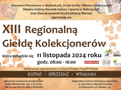 Brązowo-beżowy plakat informujący o XIII Regionalnej Giełdzie Kolekcjonerów z datą, miejscem i partnerami wydarzenia.