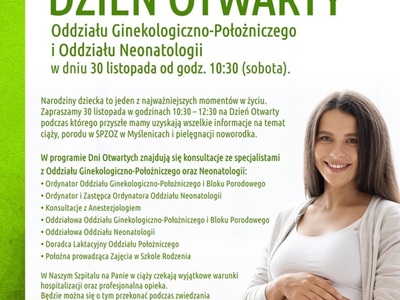 Plakat o Dniu Otwartym Oddziałów Ginekologiczno-Położniczego i Neonatologii z programem, datą, godzinami i uśmiechniętą kobietą w ciąży po prawej.