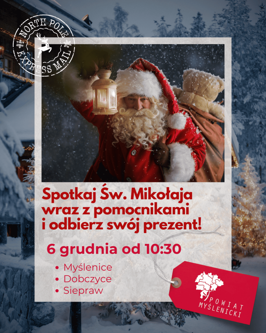 Świąteczny plakat w odcieniach czerwonego ze zdjęciem Św. Mikołaja oraz logo Powiatu Myślenickiego.