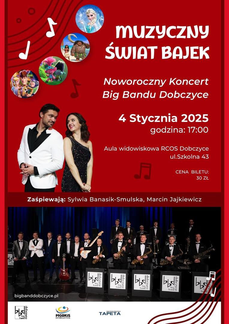 Plakat promujący wydarzenie z czerwonym tłem, zdjęciem Sylwii Banasik-Smulskiej i Marcina Jajkiewicza oraz Big Bandu Dobczyce
