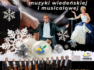 Plakat promujący wydarzenie ze zdjęciami wykonawców oraz logo Dobczyc, MGOKiS Dobczyce i Szkoły Muzycznej.