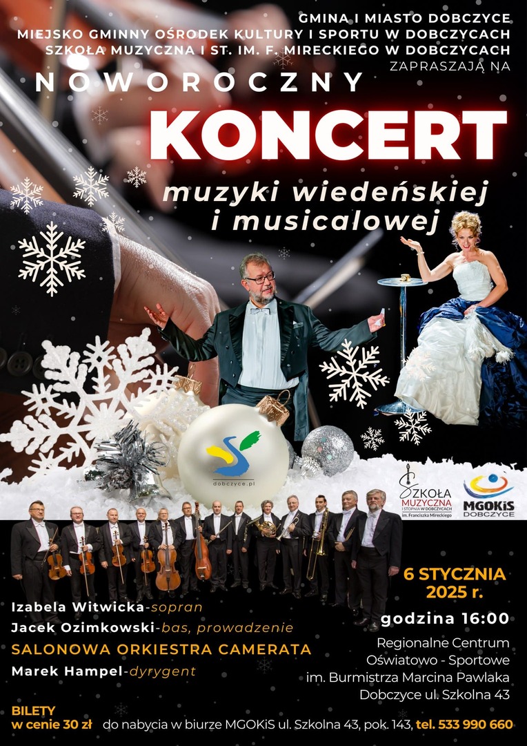 Plakat promujący wydarzenie ze zdjęciami wykonawców oraz logo Dobczyc, MGOKiS Dobczyce i Szkoły Muzycznej.