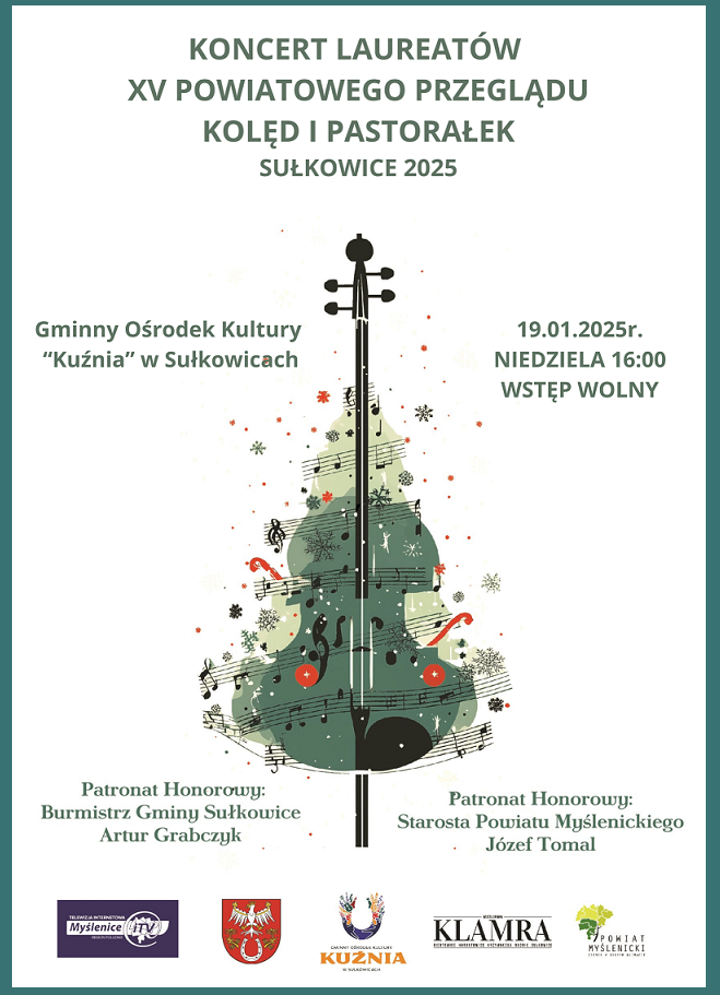 Grafika w odcieniach zielonego, z wiolonczelą w centralnym punkcie plakatu oraz logo organizatorów i partnerów wydarzenia
