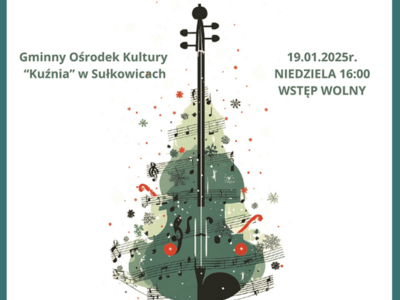 Grafika w odcieniach zielonego, z wiolonczelą w centralnym punkcie plakatu oraz logo organizatorów i partnerów wydarzenia