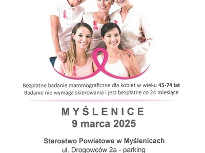 Plakat o bezpłatnej mammografii. Białe tło, różowe akcenty, zdjęcie uśmiechniętych kobiet z różową wstążką, data, miejsce i dane kontaktowe.