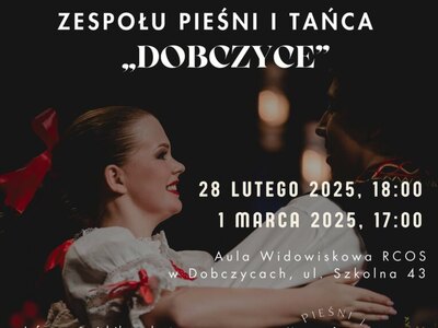 Plakat jubileuszu 25-lecia Zespołu Pieśni i Tańca „Dobczyce” z czarnym tłem. Widoczna tancerka w stroju ludowym z czerwonymi wstążkami.