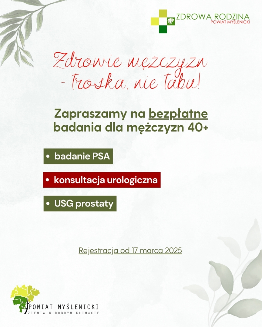 Plakat z jasnym tłem, zielonymi ilustracjami roślin, logotypami projektu Zdrowa Rodzina oraz Powiatu Myślenickiego