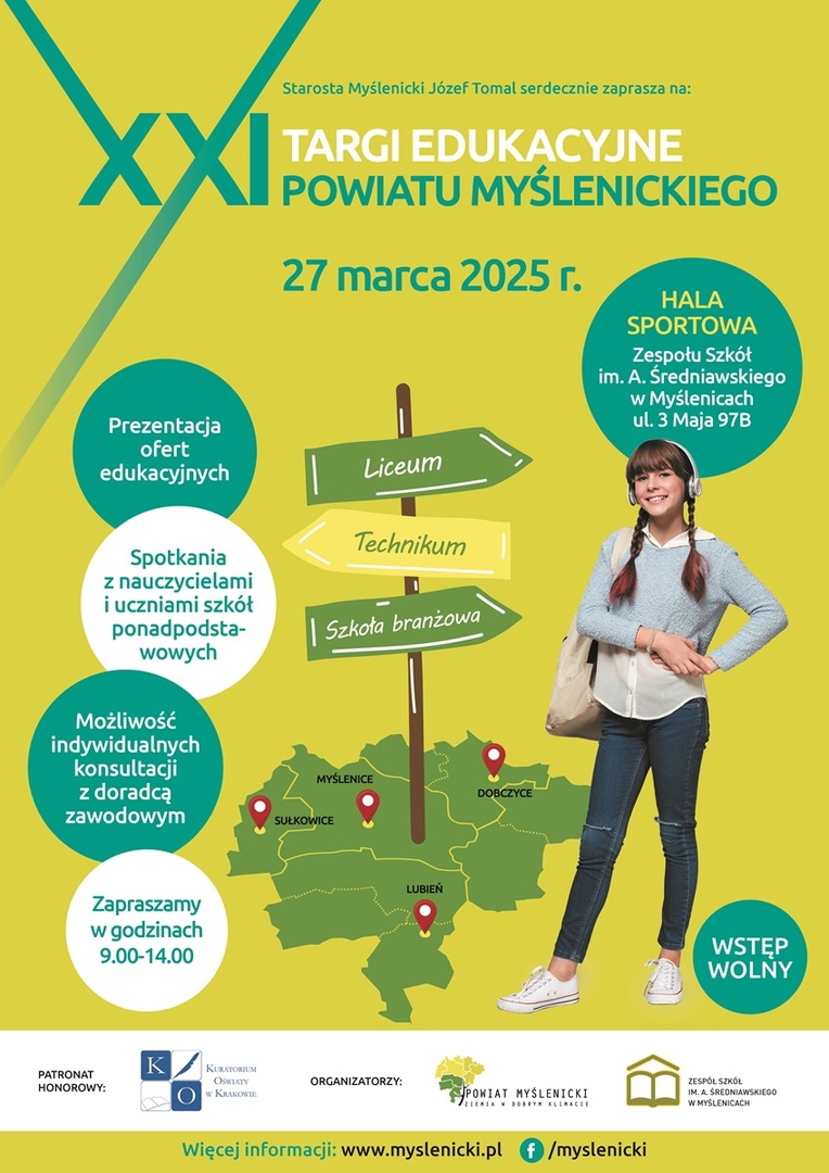 Plakat XXI Targów Edukacyjnych Powiatu Myślenickiego z mapą, drogowskazem i informacją o wydarzeniu 27 marca 2025 r. w Myślenicach. Wstęp wolny.