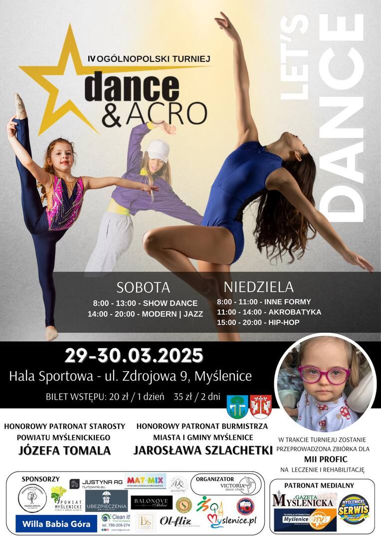 Plakat IV Ogólnopolskiego Turnieju Dance & Acro z tancerkami, akrobatkami i zdjęciem Mii Profic. Informacja o zbiórce i logotypy partnerów