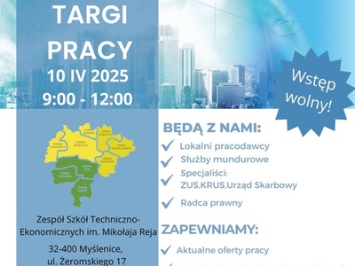 Jasnoniebieska grafika z mapą powiatu myślenickiego oraz logo organizatorów i partnerów w stopce