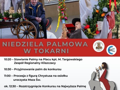 Grafika promująca Niedzielę Palmową w Tokarni z programem wydarzenia, zdjęciami figurki Chrystusa i kolorowych palm.