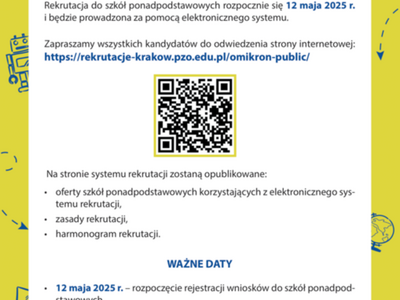 Plakat informujący o rekrutacji do szkół ponadpodstawowych 2025/2026. Zawiera daty, link do systemu, kod QR i zdjęcie ucznia w bibliotece.