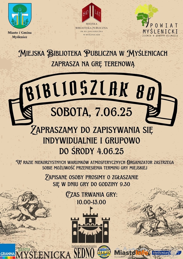 Plakat informujący o zapisach do gry terenowej Biblioszlak 80. Na plakacie widnieją logo organizatorów i partnerów wydarzenia.