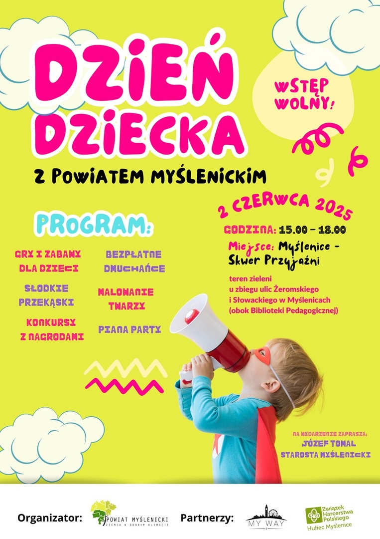 Plakat Dnia Dziecka z Powiatem Myślenickim – żółte tło, dziecko z megafonem, kolorowy program atrakcji i informacje o wydarzeniu w Myślenicach.