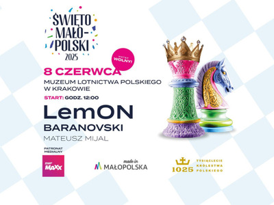 Grafika z tłem szachownicy i kolorowymi pionkami, logo organizatorów oraz partnerów wydarzenia.