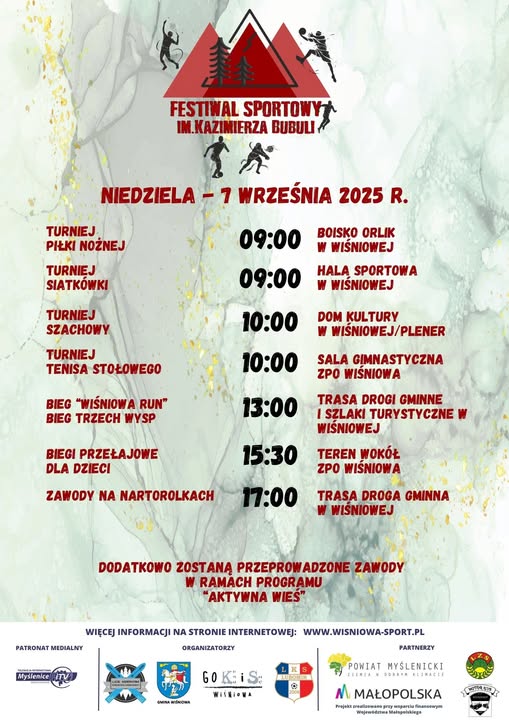 Plan wydarzeń festiwalu sportowego w Wiśniowej z listą turniejów i biegów na 7 września 2025 roku.