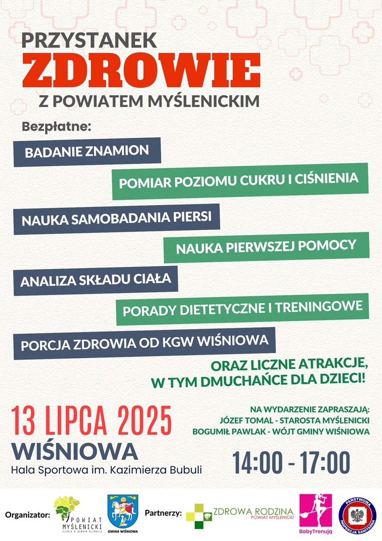 Plakat promujący wydarzenie Przystanek Zdrowie z Powiatem Myślenickim. Na plakacie widoczne są logotypy organizatorów i partnerów.