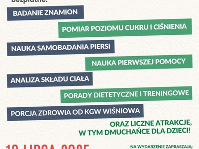 Plakat promujący wydarzenie Przystanek Zdrowie z Powiatem Myślenickim. Na plakacie widoczne są logotypy organizatorów i partnerów.