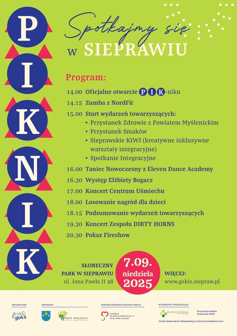 Zielony plakat informacyjny z programem wydarzenia oraz logotypami organizatorów i partnerów.