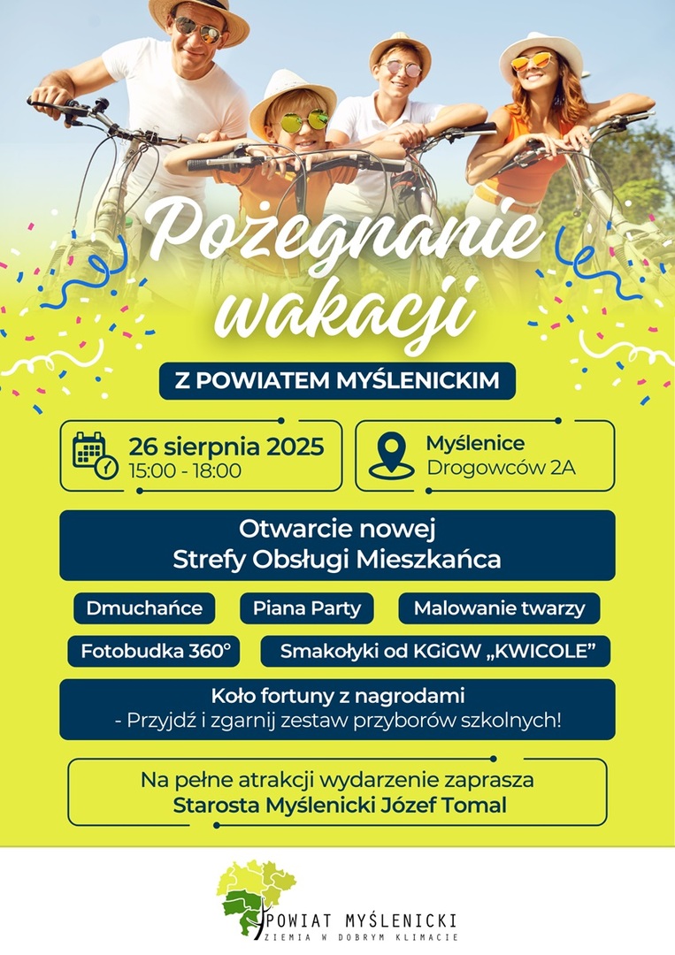Żółto-granatowy plakat ze zdjęciem rodziny na rowerach. Na plakacie widnieje logo Powiatu Myślenickiego.