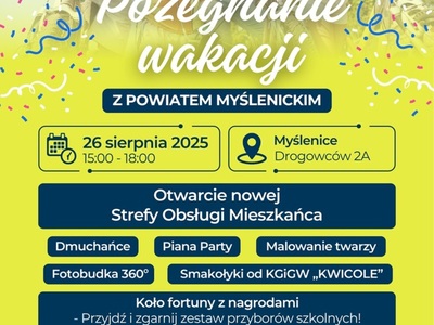 Żółto-granatowy plakat ze zdjęciem rodziny na rowerach. Na plakacie widnieje logo Powiatu Myślenickiego.
