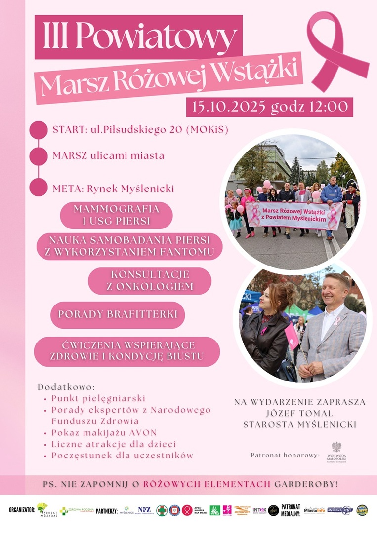 Różowa grafika, widoczne są dwa zdjęcia. Na dole plakatu znajdują się logotypy organizatorów, partnerów i patronów medialnych wydarzenia.