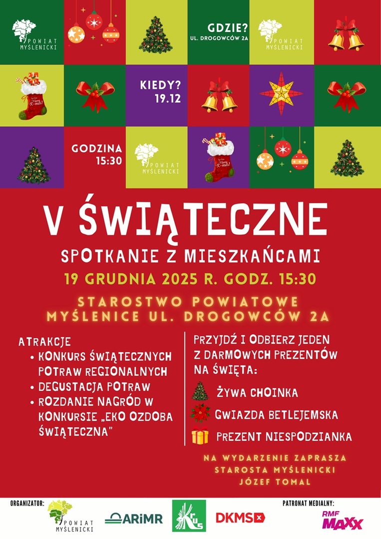 Plakat informacyjny o wydarzeniu. Na plakacie widoczne są logotypy organizatorów i partnerów wydarzenia, a także świąteczne elementy