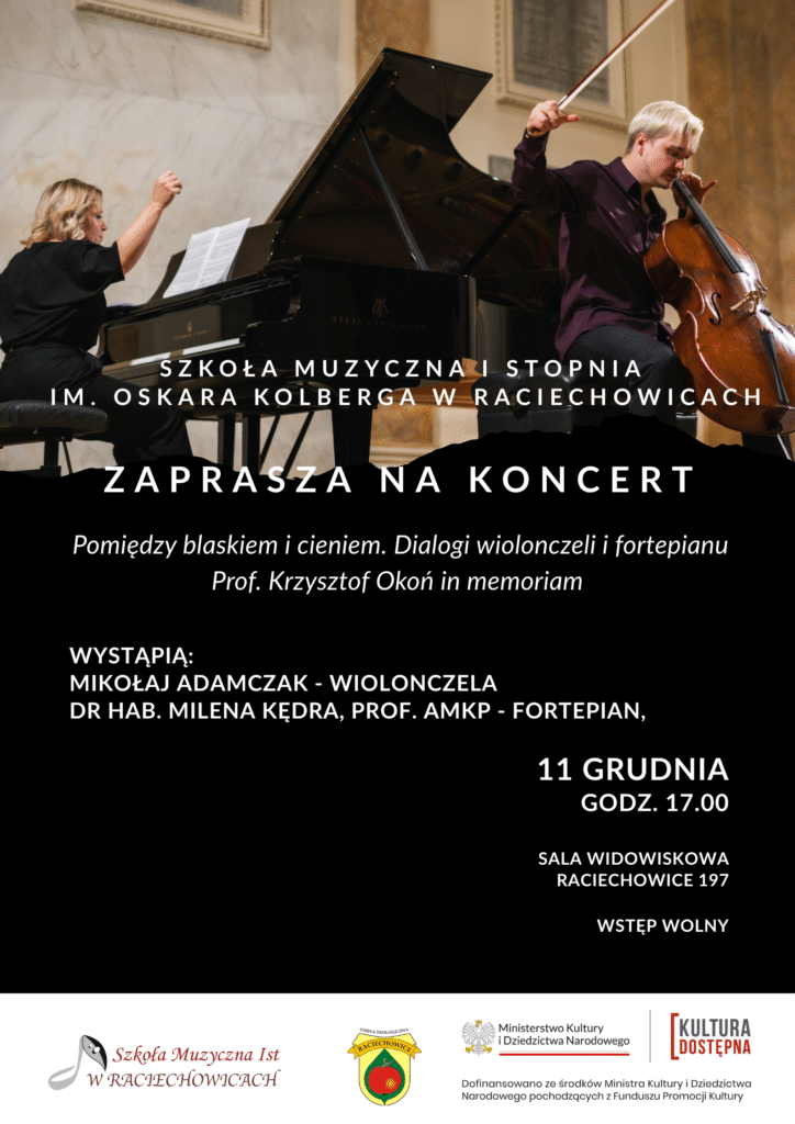 Na plakacie widnieje zdjęcie kobiety grającej na fortepianie i mężczyzny grającego na wiolonczeli.