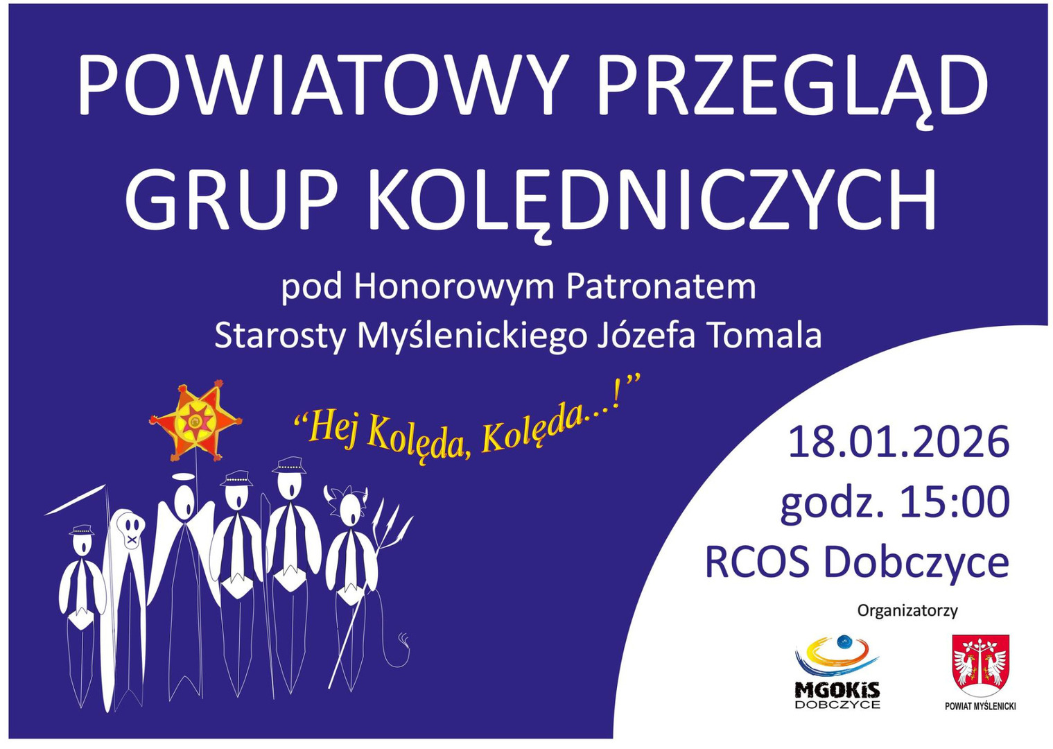 Biało-granatowa grafika z rysunkowymi postaciami kolędników. W prawym dolnym rogu znajdują się logotypy organizatorów.
