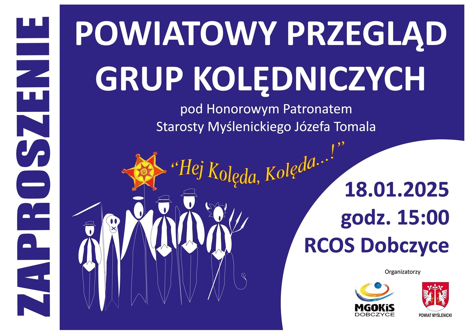 Biało-granatowa grafika z rysunkowymi postaciami kolędników. W prawym dolnym rogu znajdują się logotypy organizatorów.