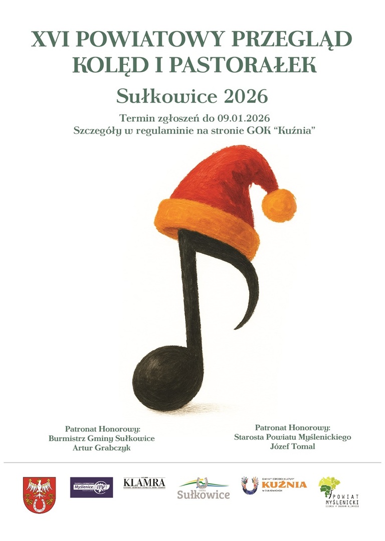 Na plakacie widnieje duża czarna nuta z czapką mikołajkową oraz logo organizatorów i partnerów wydarzenia