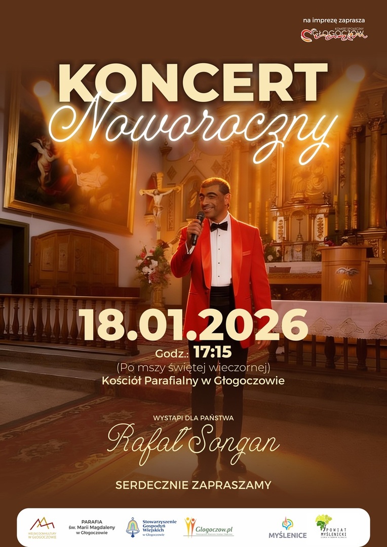 Na plakacie widnieje zdjęcie wokalisty, a w dolnej części logotypy organizatorów i partnerów wydarzenia.