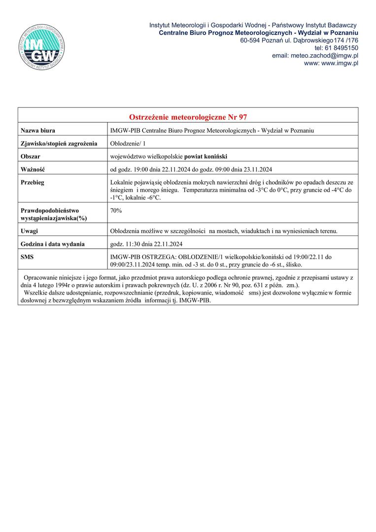 Komunikat ostrzegawczy - oblodzenie